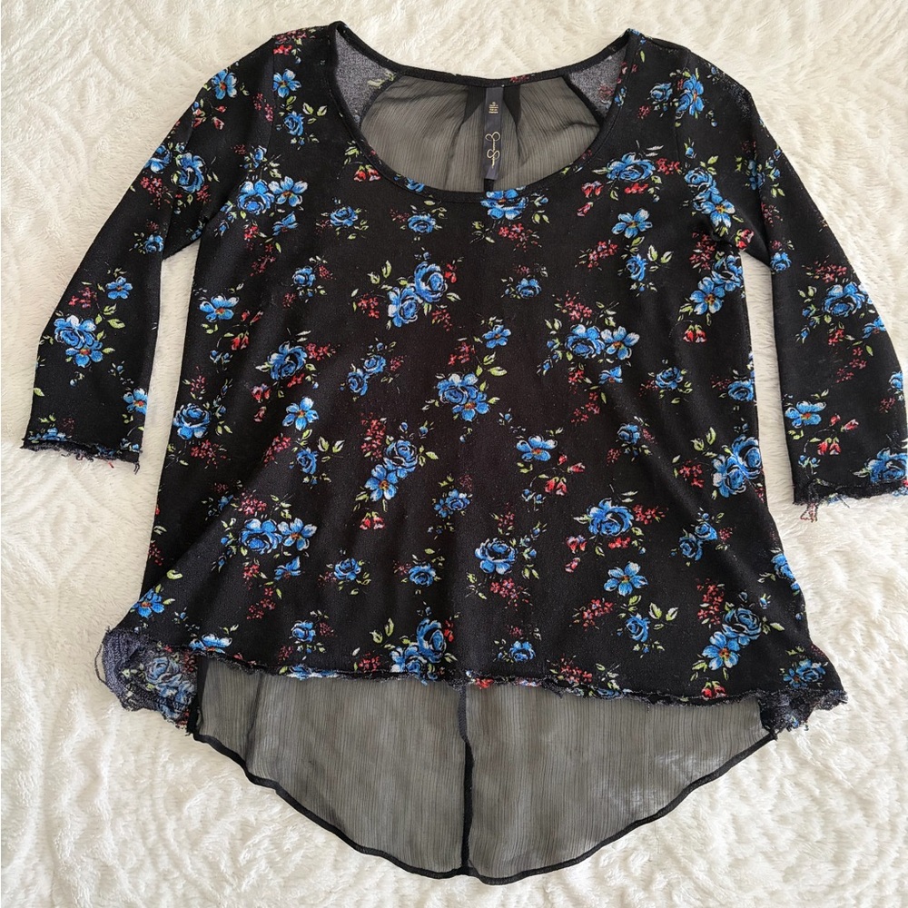 Jessica Simpson Black Scoop-Neck Floral Hi-Low Top
